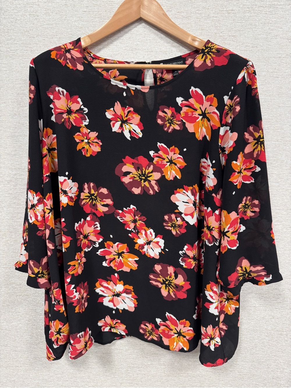 Lane Bryant Black Floral Ruffled-Sleeve Blouse